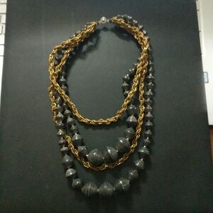Gold Tone Braided Bead and Chunky Grey Bead Multi Strand Statement Necklace